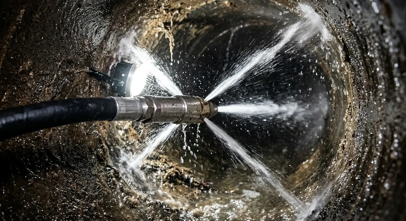 High-pressure hydro jetting nozzle cleaning sewer pipe for Sewer Cleanout in Huntington Woods