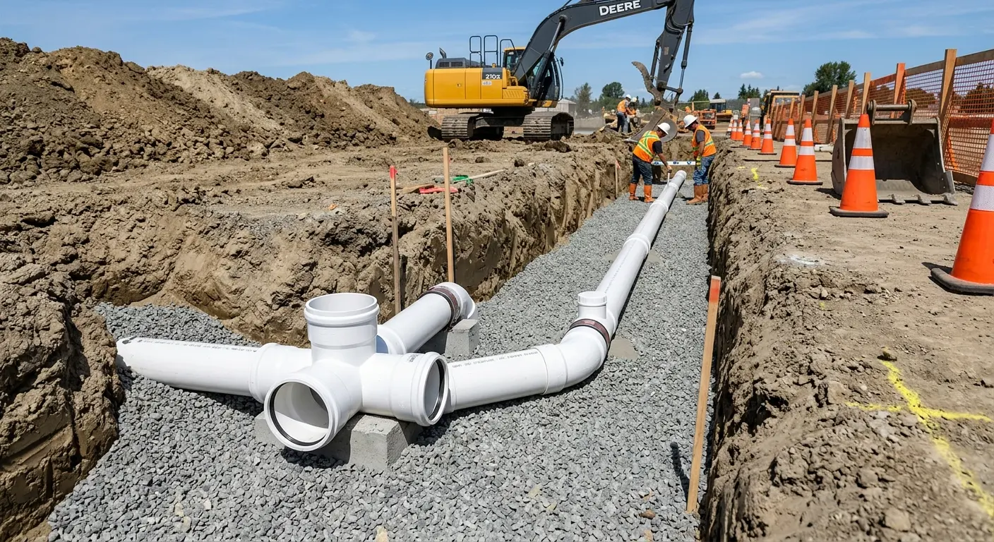 New PVC sewer pipe installation in open trench for Commercial Drain Cleaning in Huntington Woods
